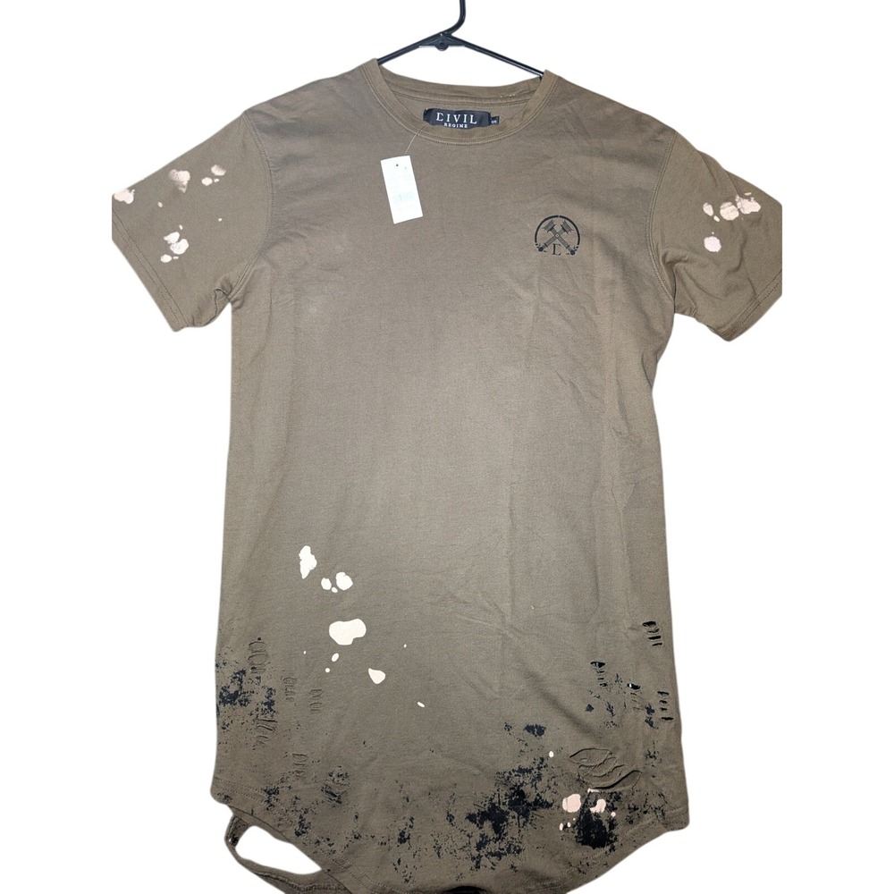 Civil Regime Distressed Scallop Tee Cotton Men Sz S Olive Bleach Paint Splatter